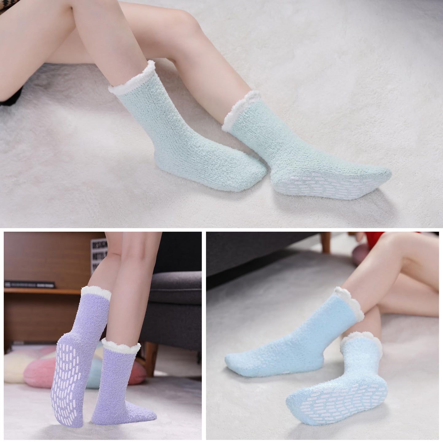 MQELONG Non Slip Hospital Socks with Grips for Women Winter Warm Cozy Fuzzy Slipper Soft Fluffy Sleep Socks (5 Pairs Light Colour Patchwork)