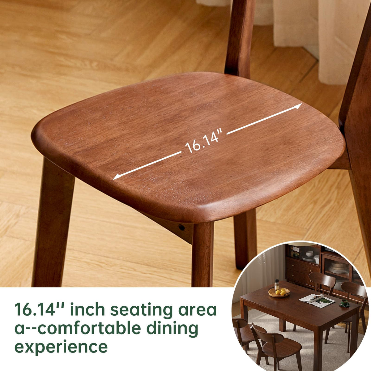 100% Solid Wood Dining Chairs Set of 2, Mid Century Modern Dining Chairs with Curved Backrest, Wooden Desk Chair with Solid Rubber Wood Frame for Kitchen, Dining Room, Study, Living Room, Walnut (2PK)