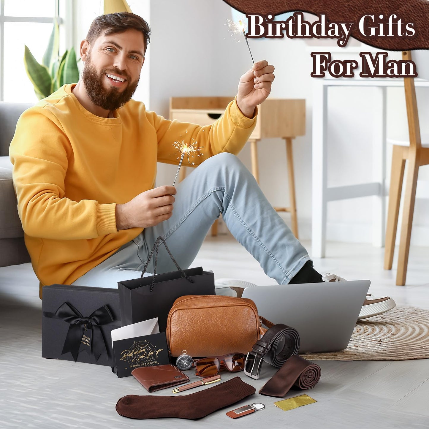 Geyoga 12 Pcs Men Birthdays Gift Set with Box for Men Dad Basket PU Leather Wallet Leather Toiletry Bag Tie Socks Belt Keychain Sunglasses Pen Compass Set for Father's Day(Brown)