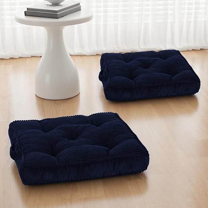 PRIMEPATIO Square Floor Pillow for Adults, Tufted Floor Cushion for Sitting, Large Meditation Cushion, Thick Corduroy Seat with Handle, Tatami Seating for Yoga, 24x24 Inch Navy Blue, 2Pack