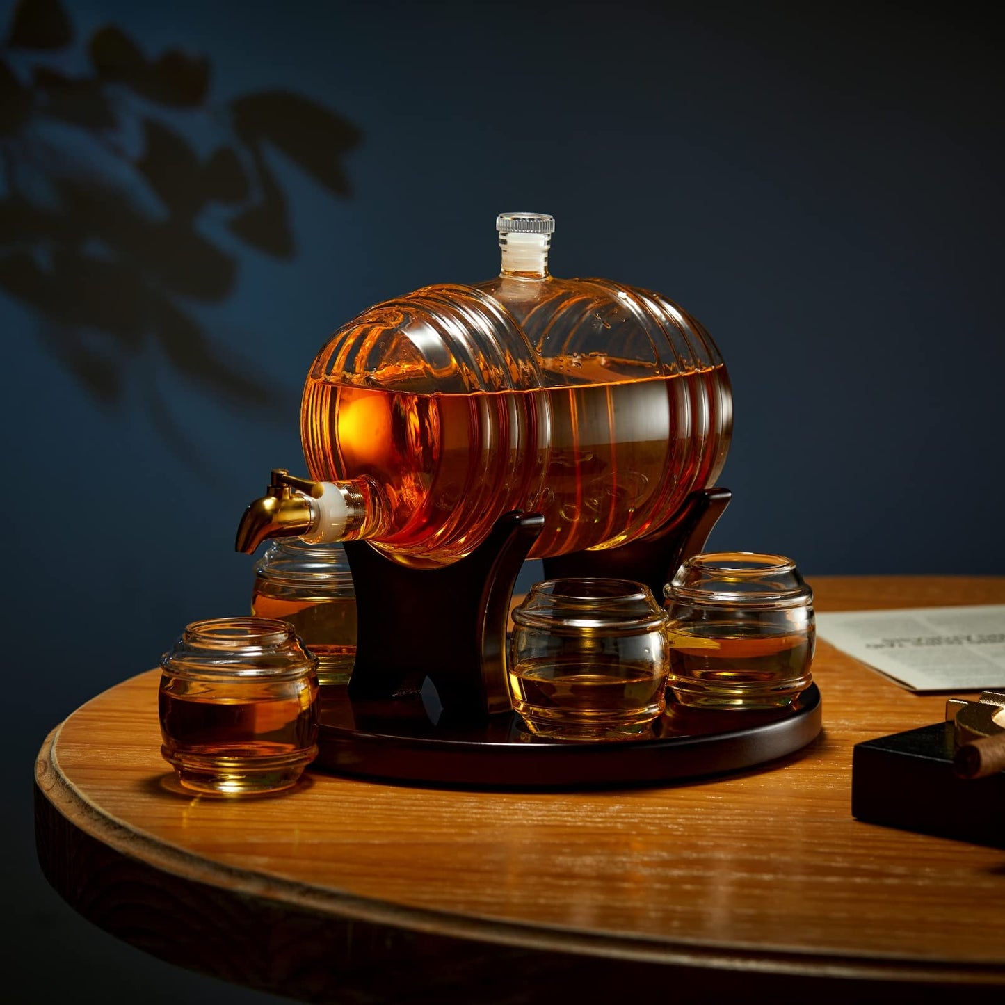 CRAFTGEN Whiskey Barrel Decanter Set for Home Bar, Unique Birthday Gifts for Men Dad, 1.3 Liter Barrel Liquor Dispenser with 4 Glasses for Bourbon, Scotch, Vodka, Tequila, Rum, Wine, Alcohol