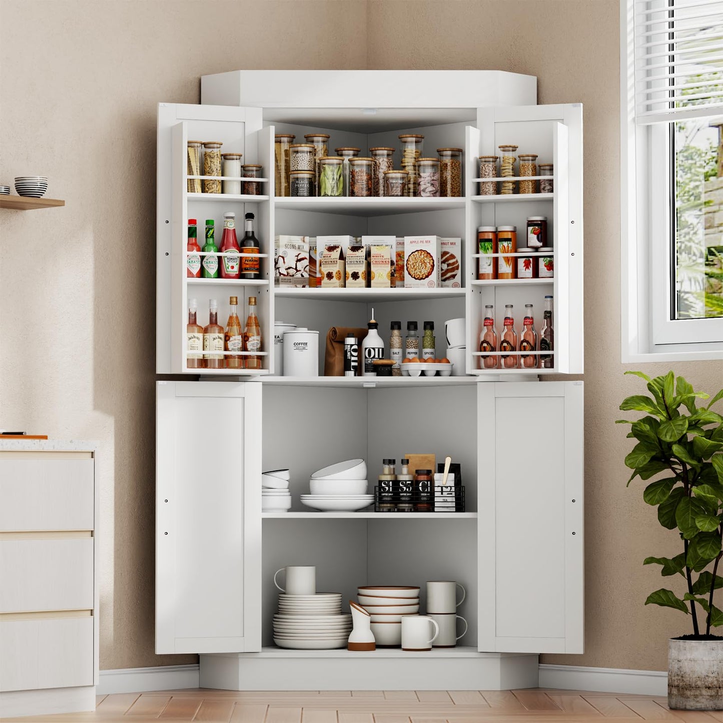 Gyfimoie Corner Cabinet,Kitchen Pantry Storage Cabinets,Freestanding Corner Pantry Cabinet with 4 Doors and Shelves,Tall Food Pantry Farmhouse Furniture with Side Rack for Kitchen Dining Room (White)