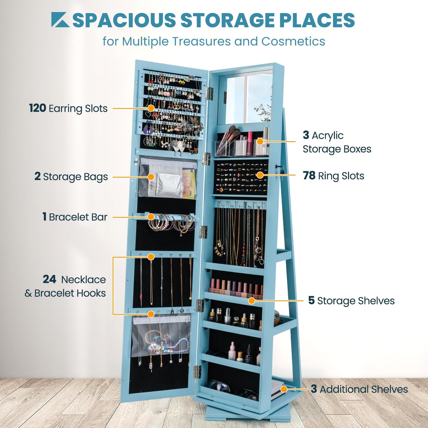 MAT EXPERT 360 Rotating Jewelry Armoire with Mirror, Freestanding Jewelry Storage Mirror w/78 Ring Slots, 24 Necklace Hooks, 120 Earring Slots, Lockable Jewelry Organizer for Makeup (Blue)