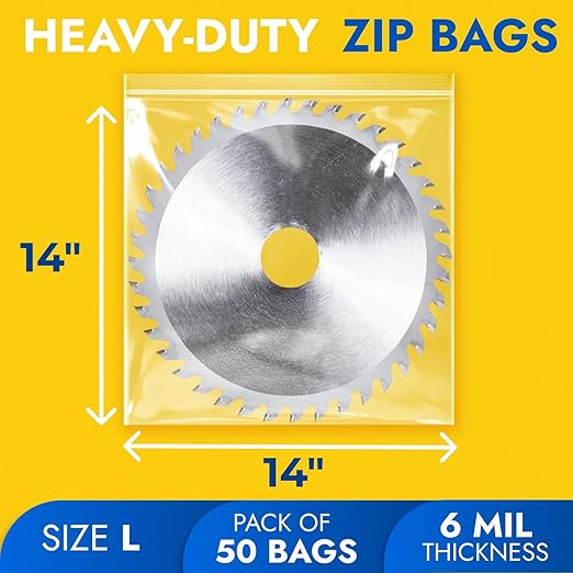 14" x 14" Large Zip Seal Lock Bags, 6 Mil (Pack of 50) – Heavy-Duty Reclosable Plastic Bags – Clear, Resealable, Waterproof – For Storing and Organizing Clothes, Jewelry, and Travel Items