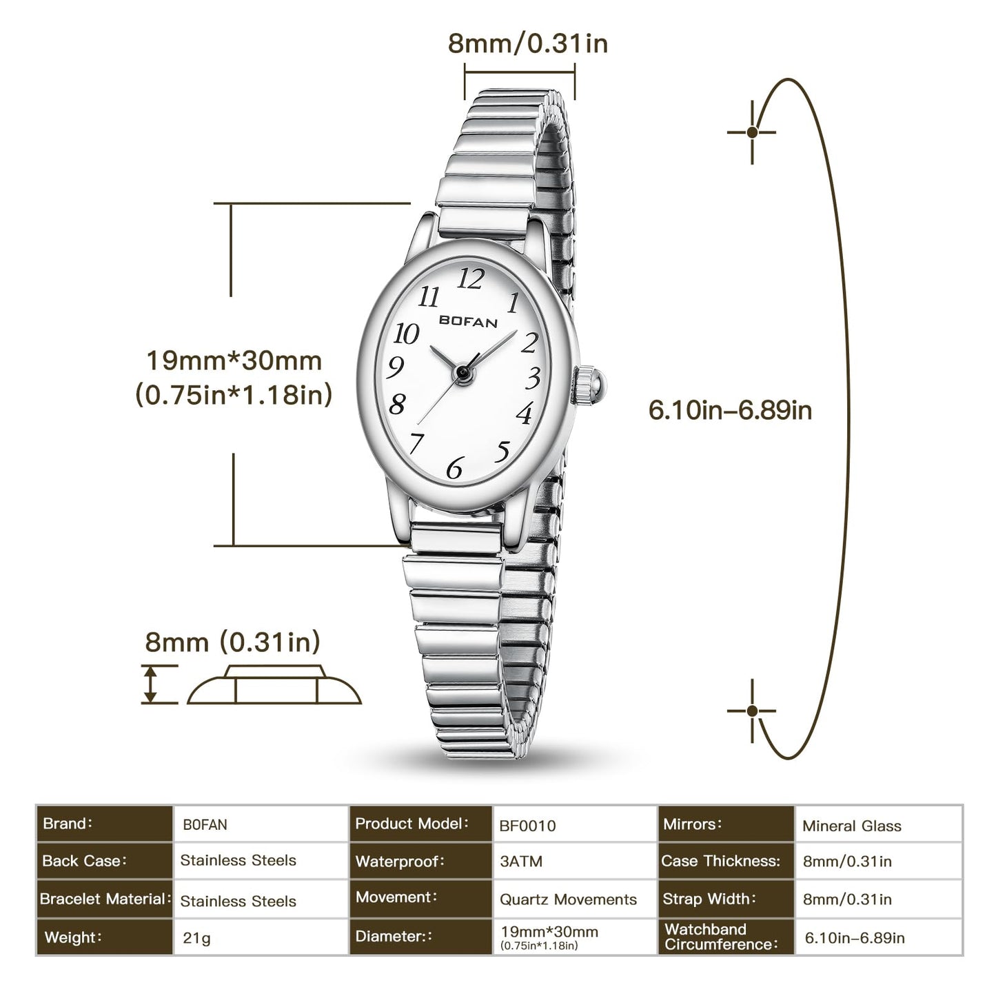 BOFAN Small Watches for Women Easy Read Ladies Quartz Wrist Watch with Silver Stainless Steel Expansion Band,Waterproof.（6.10in-6.89in）