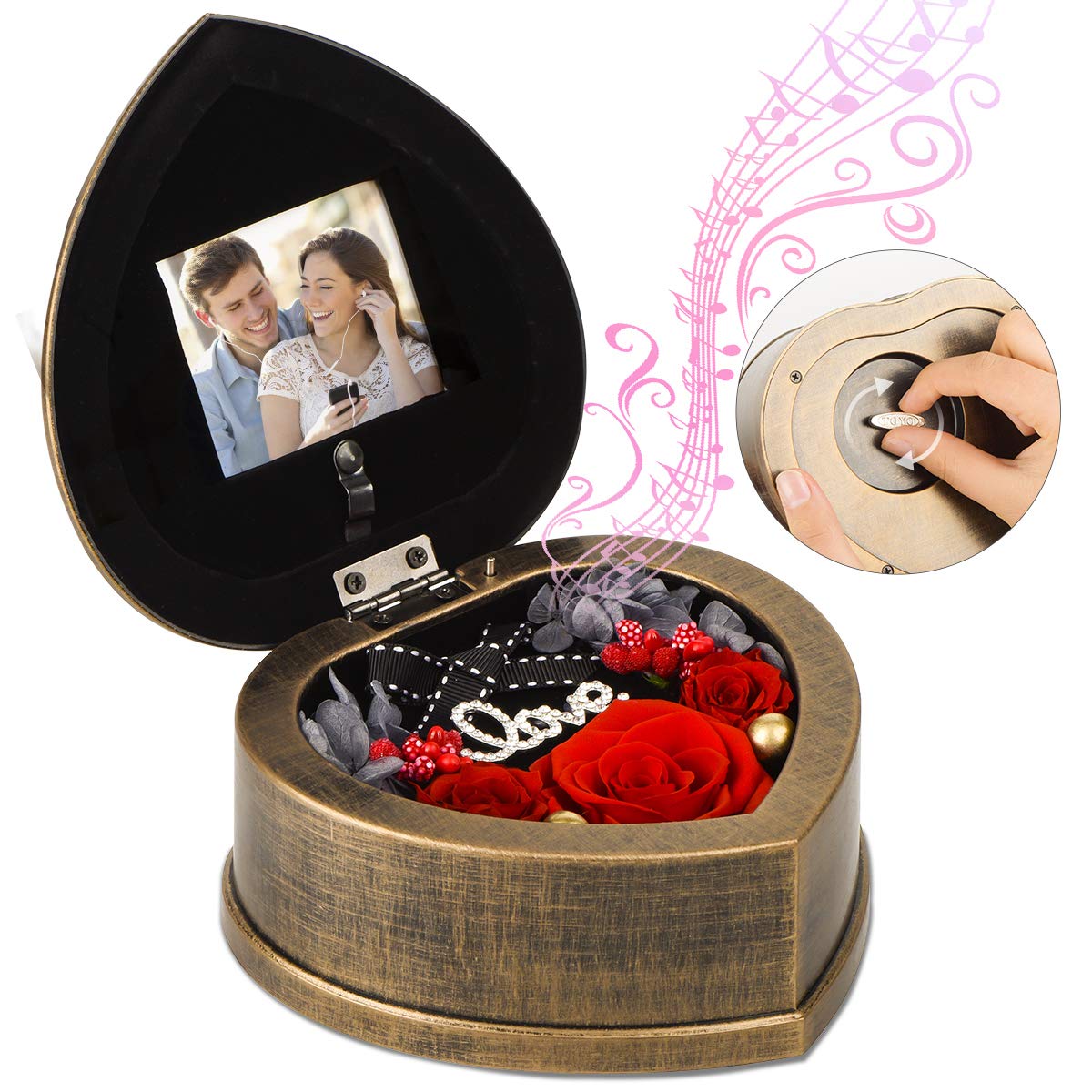 Neaticoo Handmade Preserved Flowers 3 Real Red Rose in Musical Box with Photo Frame, Long Lasting Fresh Flower Gifts for Wife Her Girlfriend on Valentine's Day Anniversary Birthday Red