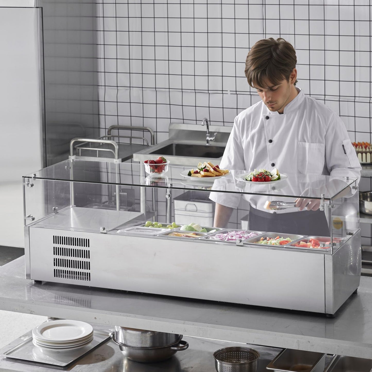 VEVOR Condiment Prep Rail Station, 140 W Countertop Refrigerated Condiment Station, with 3 1/3 4 1/6 Pans, 304 Stainless Body and PC Lid, Sandwich Prep Table with Glass Guard, ETL, Silver