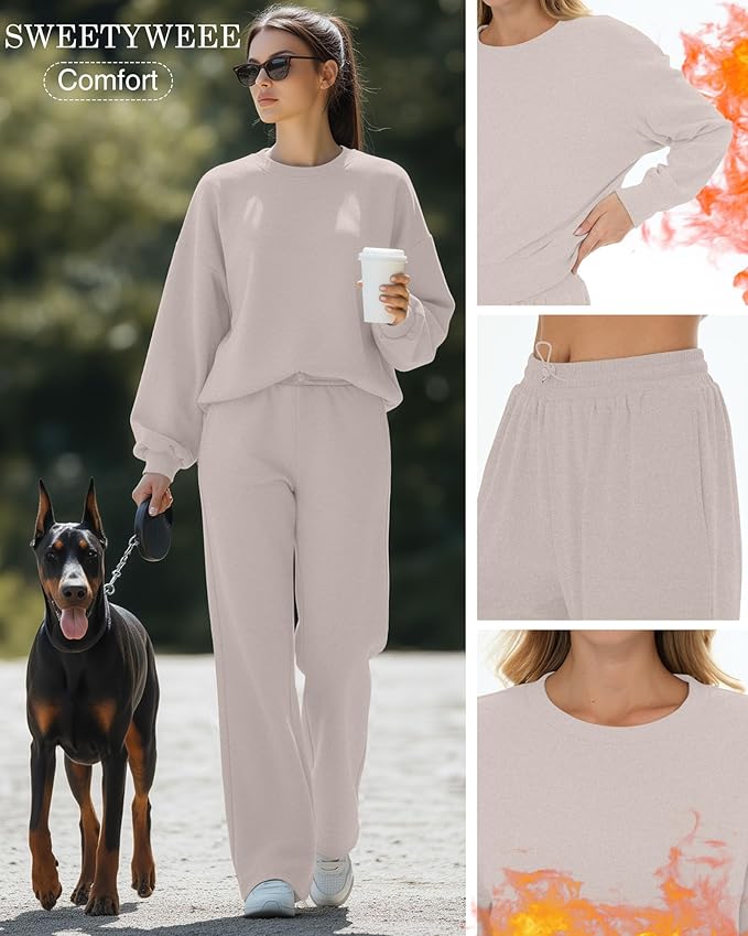 Sweetyweee Women's 2 Piece Outfits Set Fleece Lined Lounge Sweatsuit Crewneck Pullover Top Wide Leg Pants Casual Tracksuit