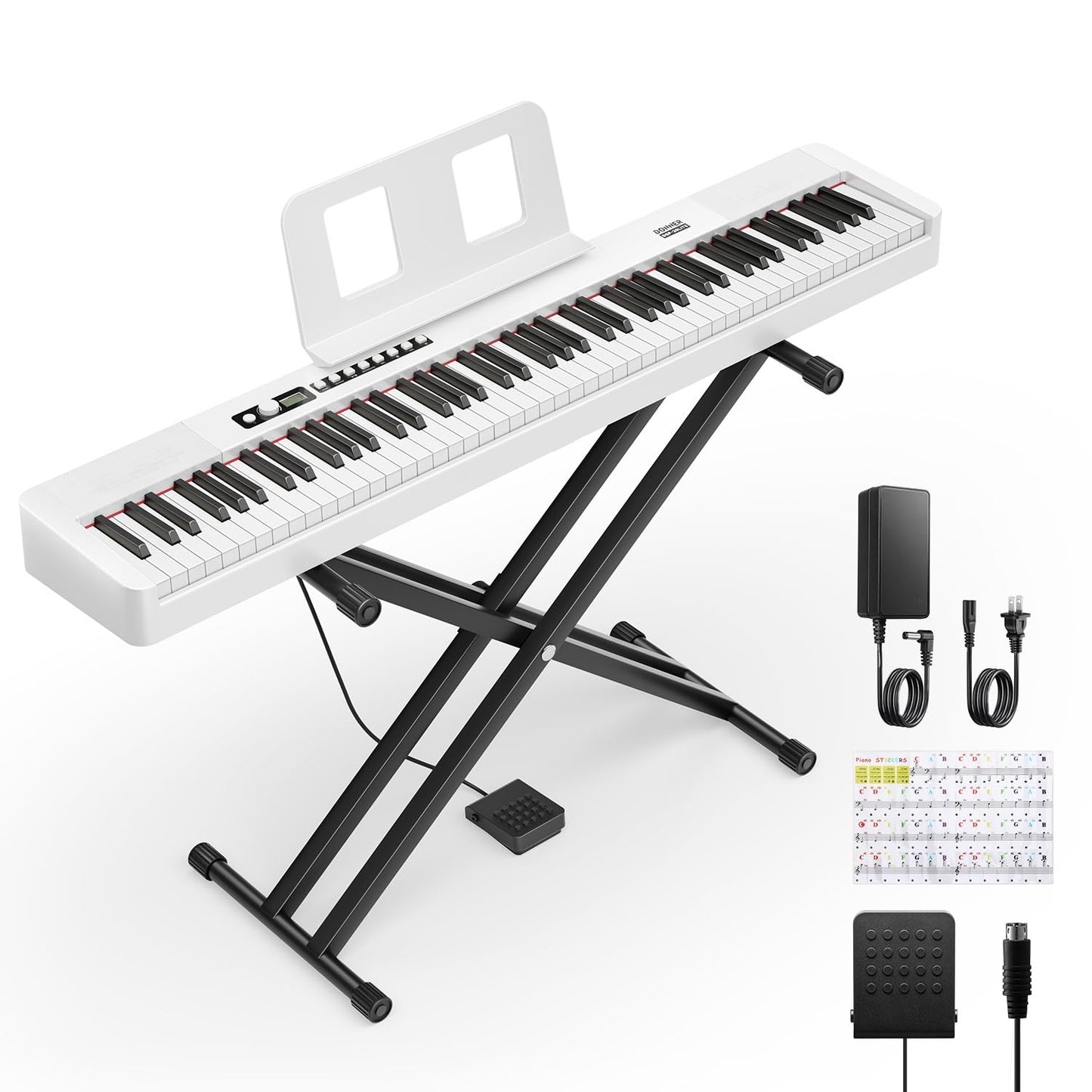 Donner DEP-20 Lite Beginner Digital Piano 88 Key Weighted Full Size Keyboard, Portable Electric Piano Set with Stand, Sustain Pedal, Keyboard Stickers for Beginners Adults, White