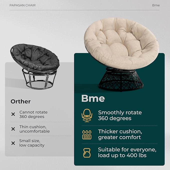Bme 40" Ergonomic Wicker Papasan Chair with Soft Thick Cushion & Frame, 360° Swivel, Circle, Reading, Comfy Chair for Living Room, Bedroom