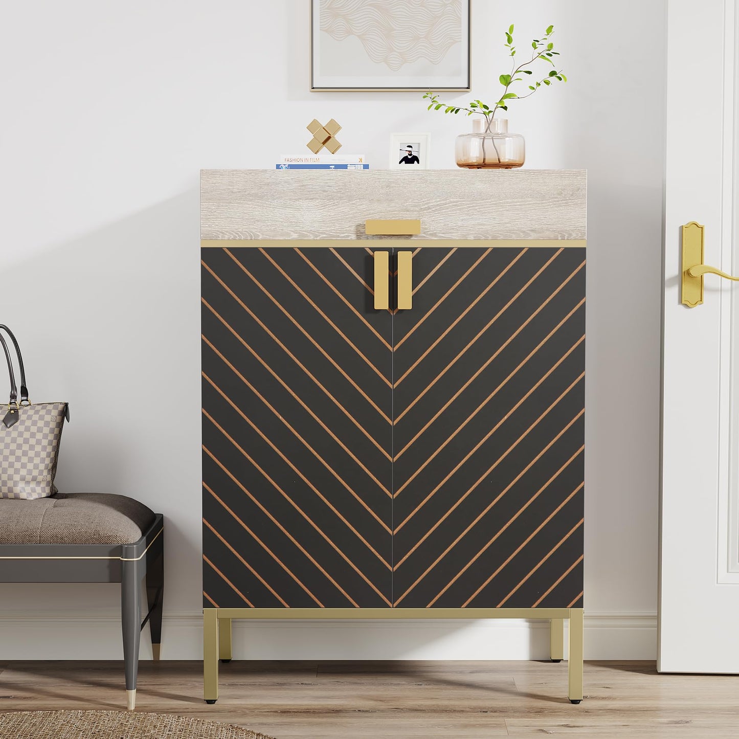 Tribesigns Shoe Cabinet with Doors, 4-Tier Shoe Storage Cabinet with Drawer & Adjustable Shelves, Slim Wooden Entryway Organizer for Bedroom, Closet, Hallway, Gray/Gold