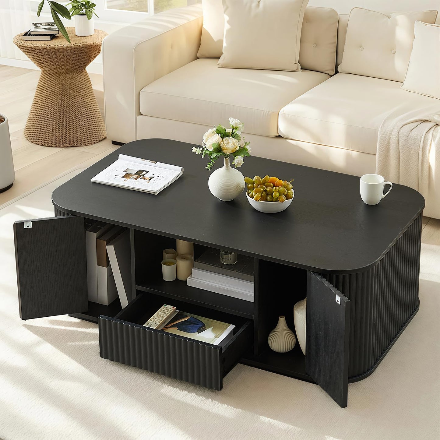 SZTHHDF 46.5" Coffee Table with Storage, Mid Century Modern Coffee Table with Drawer Wave Pattern Center Table with Door for Living Room, Office, Apartment, Black