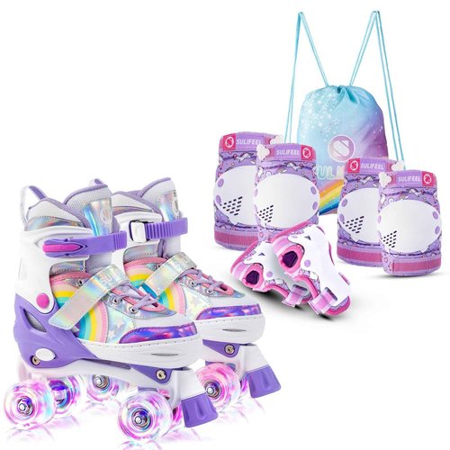 SULIFEEL Rainbow Unicorn Roller Skates for Kids with Adjustable Protective Gear Set Purple Small