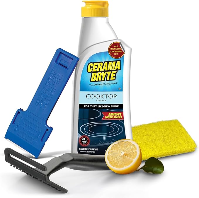 Cerama Bryte Glass Cooktop and Stove Top Cleaner Combo Kit - Includes Cleaning Tool, Razor, Scraper and 1 Pad to Remove To...