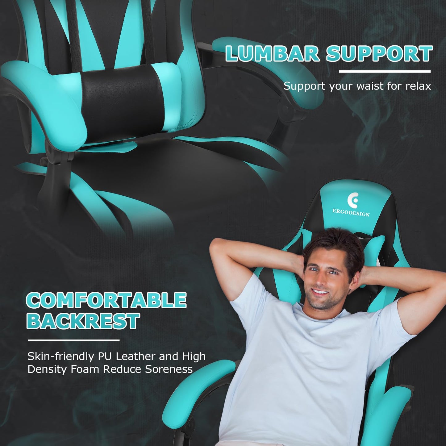ErgoDesign Gaming Chair with Linkage Armrest & Footrest, High Back Video Gaming Chair, Black/Light Blue
