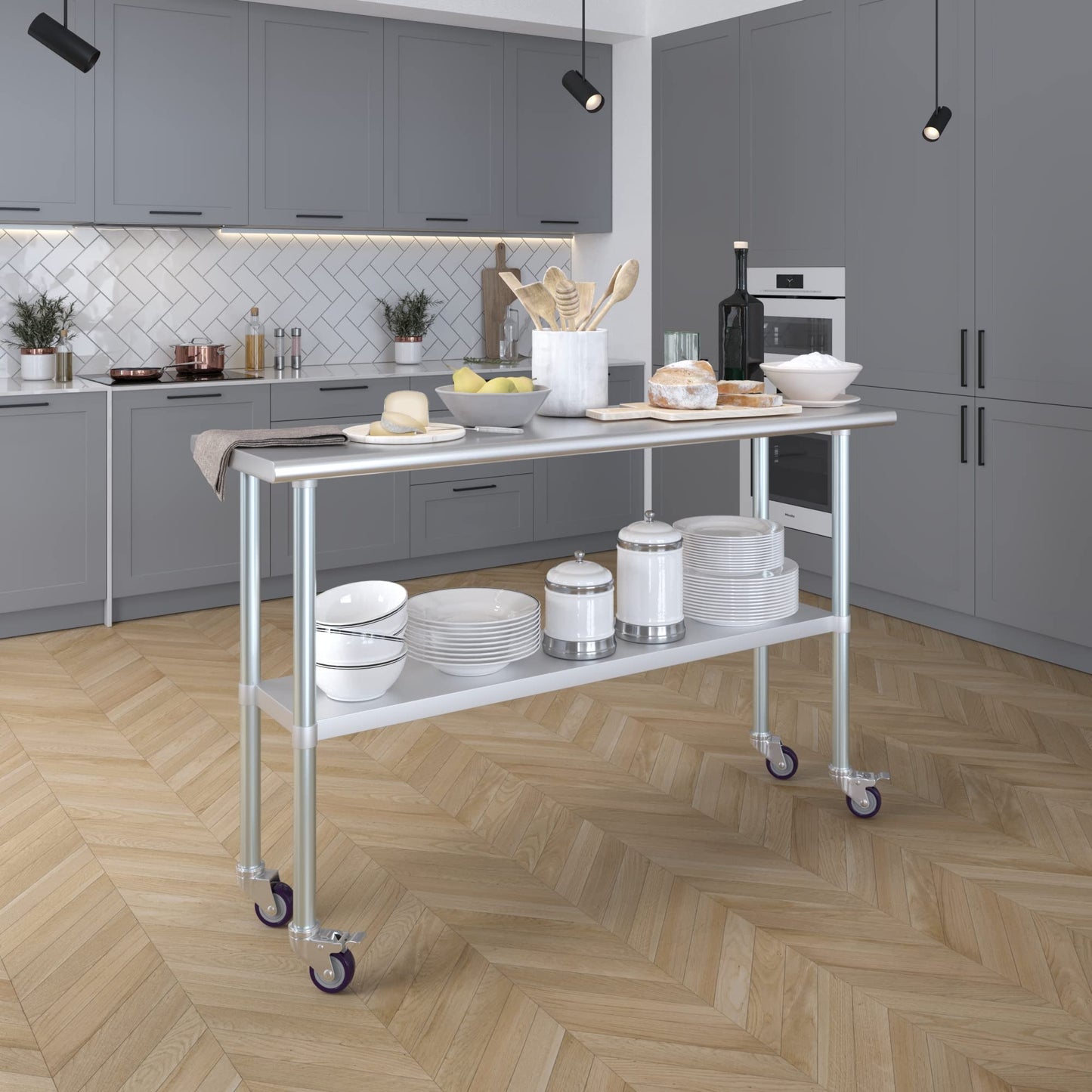 AmGood 18 in. x 60 in. Stainless Steel Work Table with Wheels | Metal Kitchen Food Prep Table | NSF
