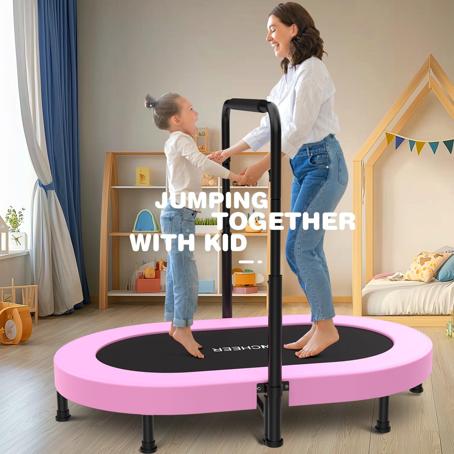 ANCHEER Mini Trampoline for Kids Indoor, Double Kids Trampoline with Adjustable Center Handlebar, 56"X36" Rebounder Trampoline Foldable, Max Load 220 LBS,Pink