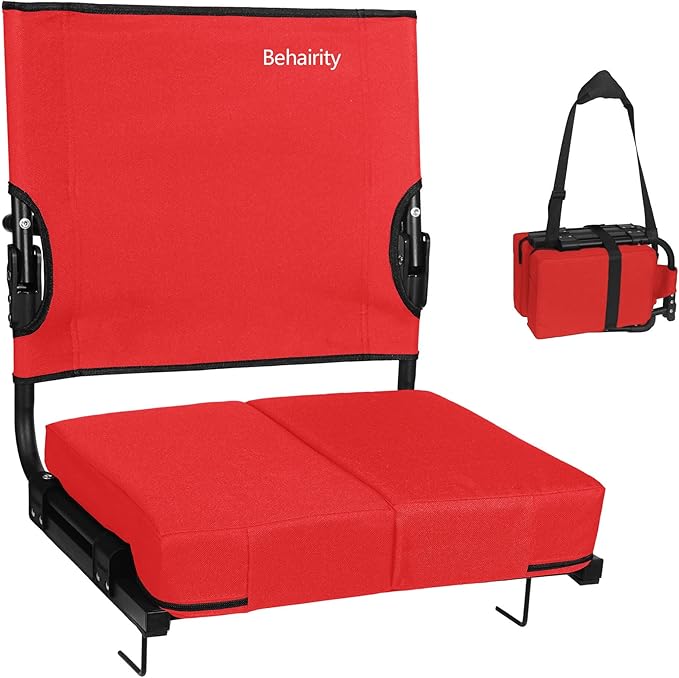behairity Portable Stadium Seat for Bleachers with Back Support, Wide Padded Bleacher Chair with High Back and Thick Cushion for Adults, Folding Stadium Chair for Football Sports Events (Red)