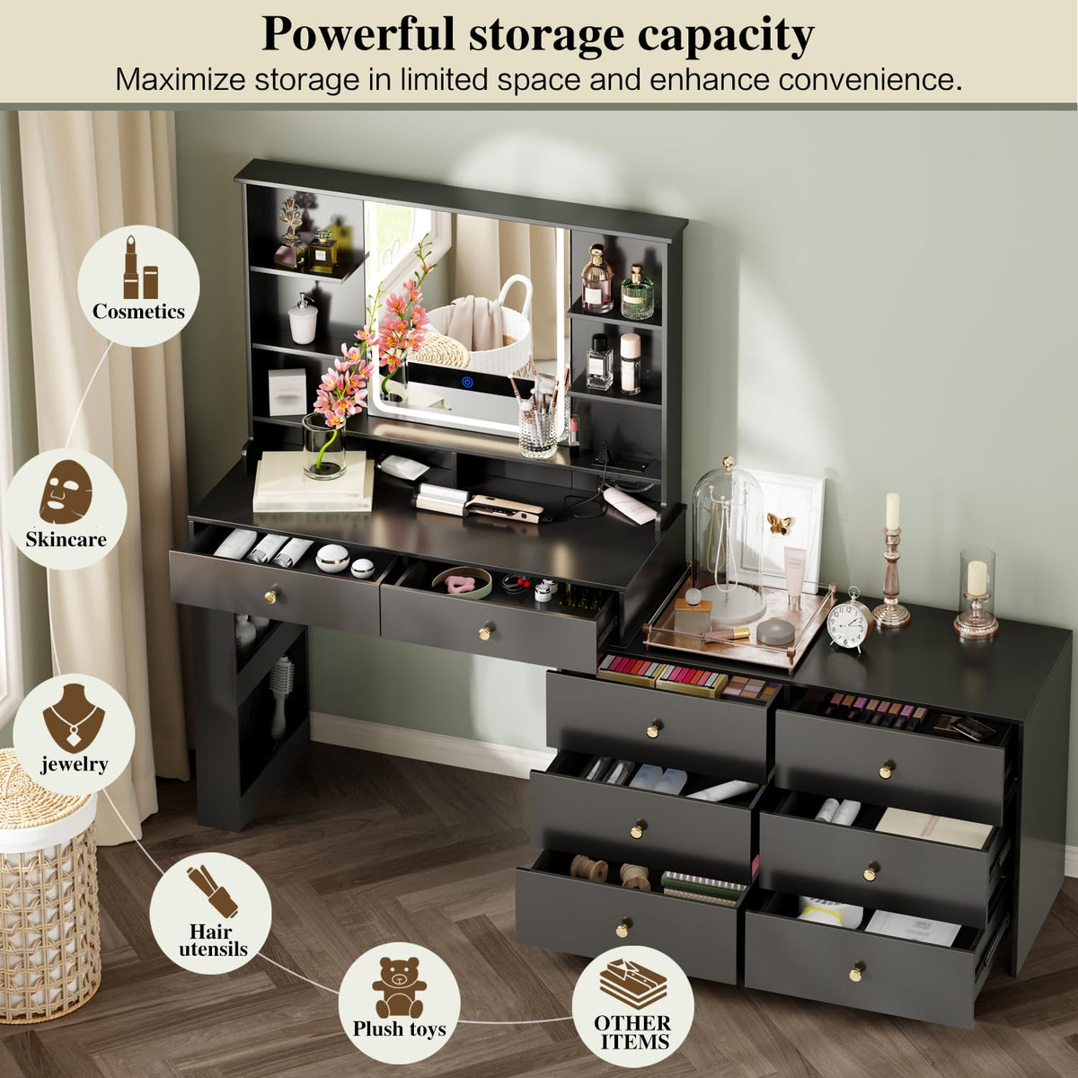 Large Makeup Vanity Desk with Mirror and Lights, Vanity Desk with 8 Drawers & Storage Shelves, Vanity Table with Power Outlet, 3 Color Modes & Adjustable Brightness Dressing Table, Bedroom,Black