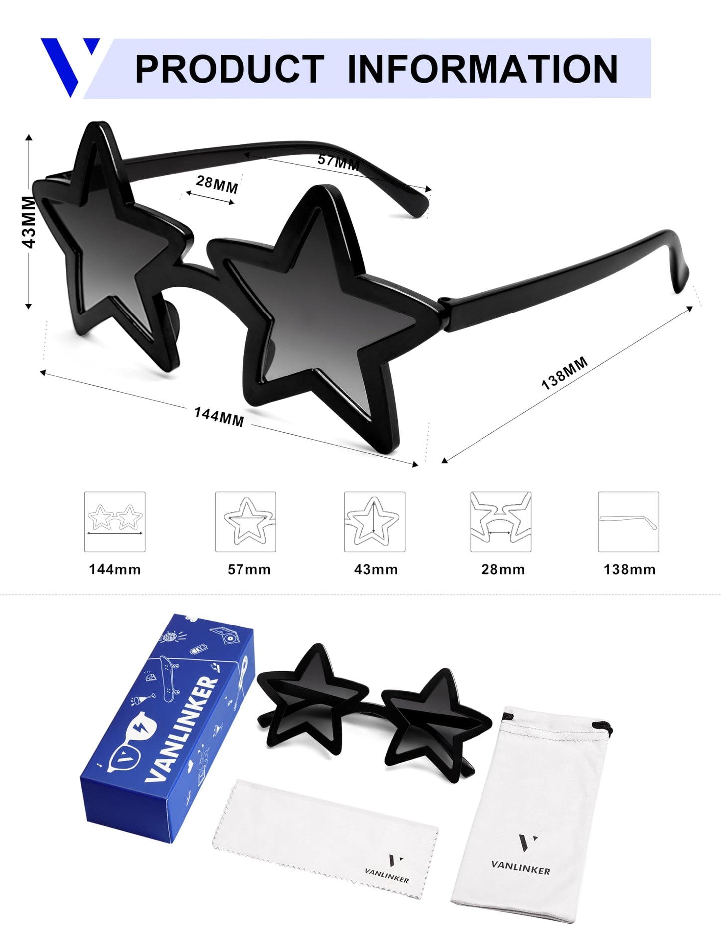 VANLINKER Colorful Star Shape Sunglasses Party Glasses VL9839,Black