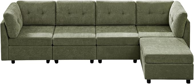 VANOMi 118" Cloud Couches for Living Room with Ottoman, 4 Seater Modular Sectional Sofas & Couches, Cozy Chenille Cloud Sectional Couch Sofa for Apartment, Office, Olive Green, L Shaped