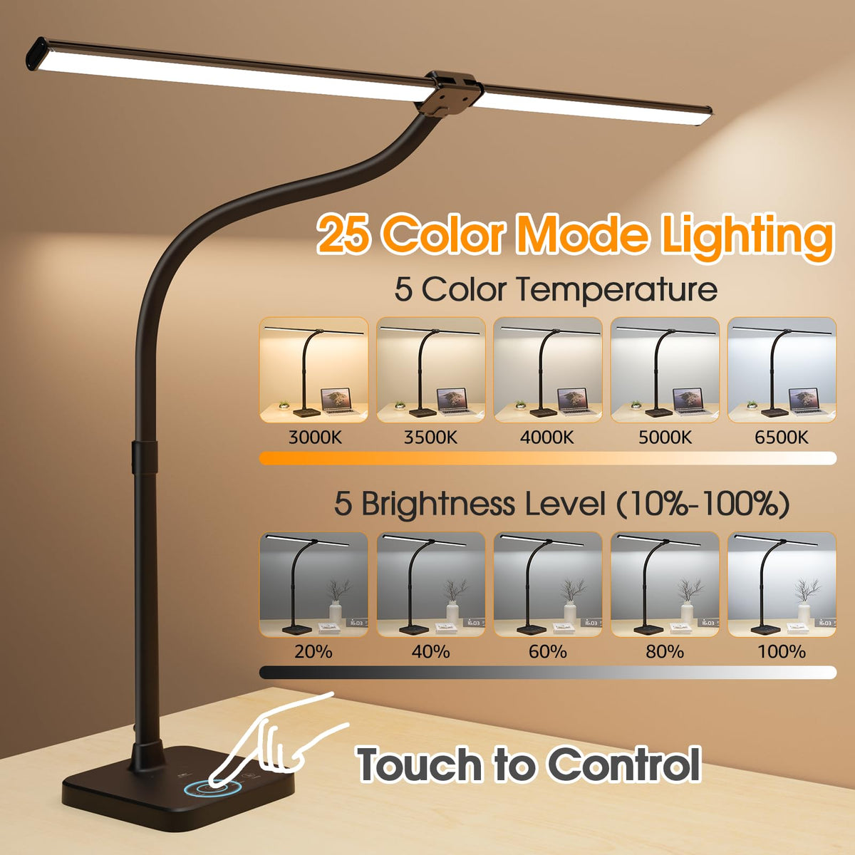 ShineTech LED Desk Lamp for Home Office, 24W Double Head Desk Light with Wireless Charging, USB Port, 25 Lighting Modes Adjustable Gooseneck Lamps