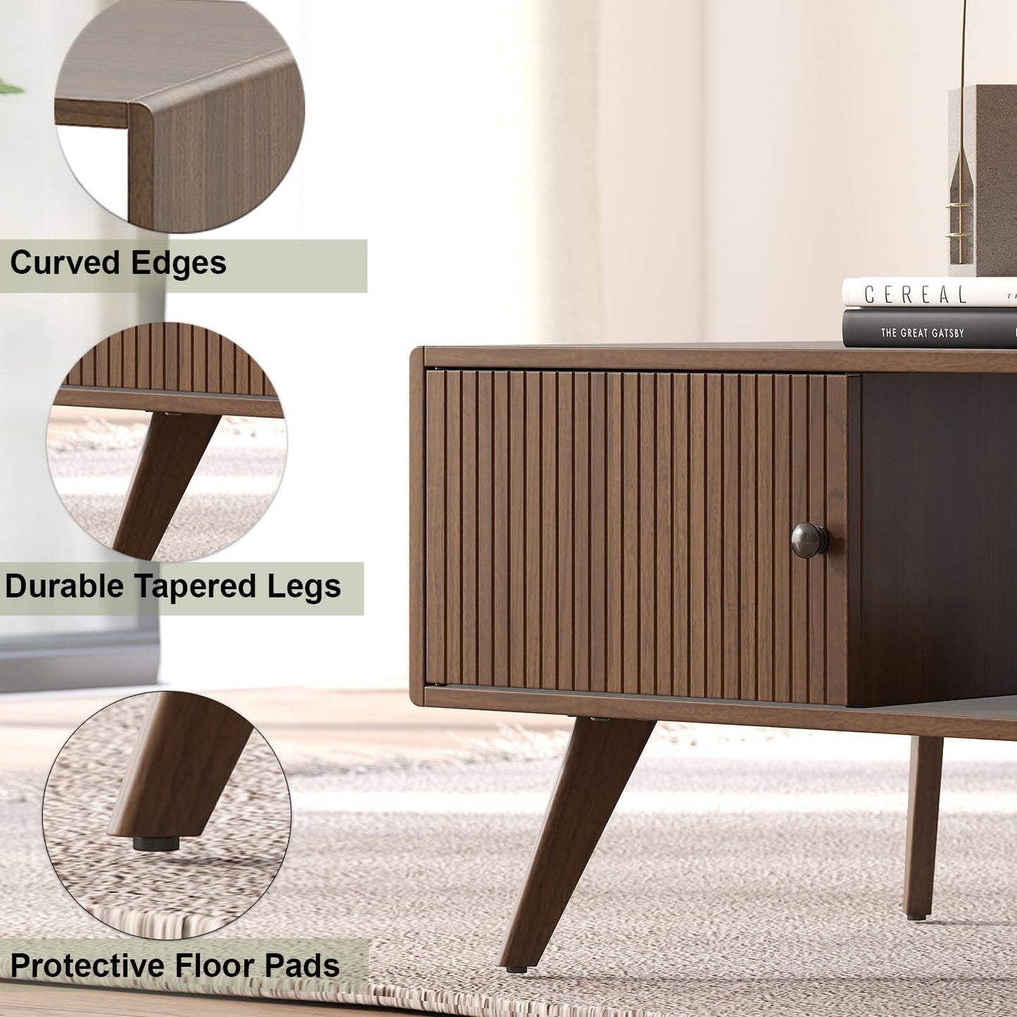 Manora Mid Century Modern Coffee Table with Storage Cabinet and Open Shelf, Wooden Living Room Table with Fluted Drawer and Solid Wood Legs, Walnut Finish Center Table for Small Spaces