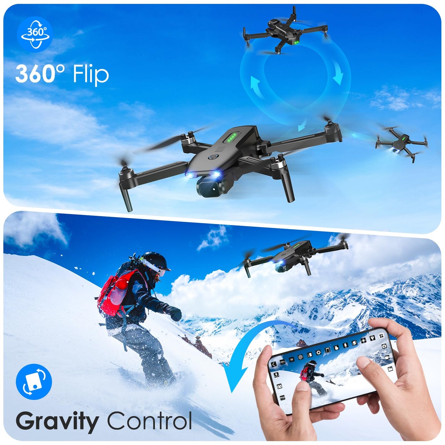 Drone with Camera, Brushless Motor 1080P FPV Drone with 2 Batteries, One Key Take Off/Land, 360 Flips, Waypoint Fly, Altitude Hold, Gravity Control, Foldable Mini Drones for Kids Adults, Beginner
