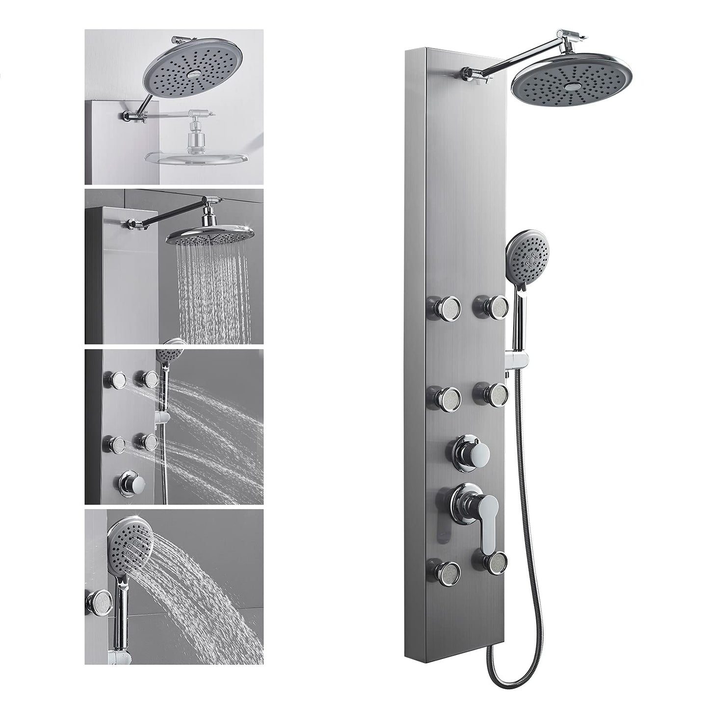 ROVOGO Shower Panel Tower System with Adjustable Rainfall Head, 6 Body Jets and 5-Setting Handheld, Mixer Valve Included, Stainless Steel, Brushed
