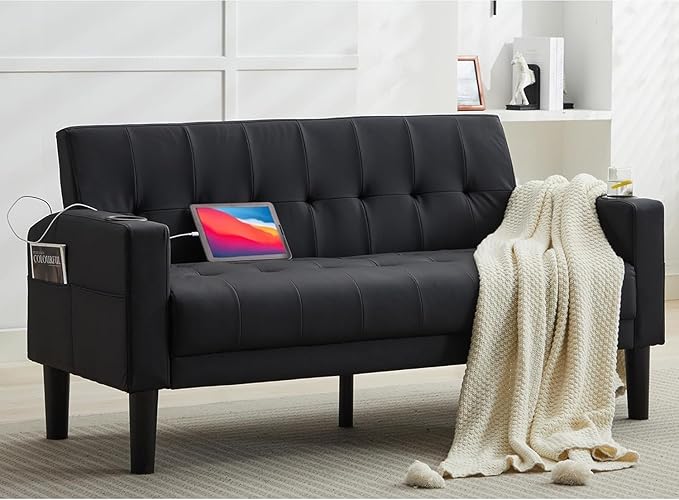 TYBOATLE Sofa Couch 62" W Loveseat w/ 2 USB Charger Ports & 2 Cupholders, Mid-Century Modern Black Faux Leather Tufted Small Love Seat Couches for Office,Compact Living Room,Bedroom,Apartment,Dorm