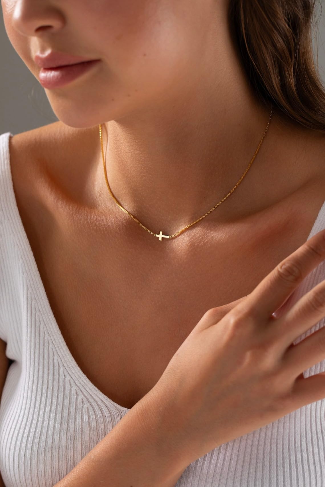 Bheop Cross Necklace for Women Trendy 14K Real Gold Plated Dainty Small Sideways Cross Pendant Choker Simple Cute Charm Short Fa