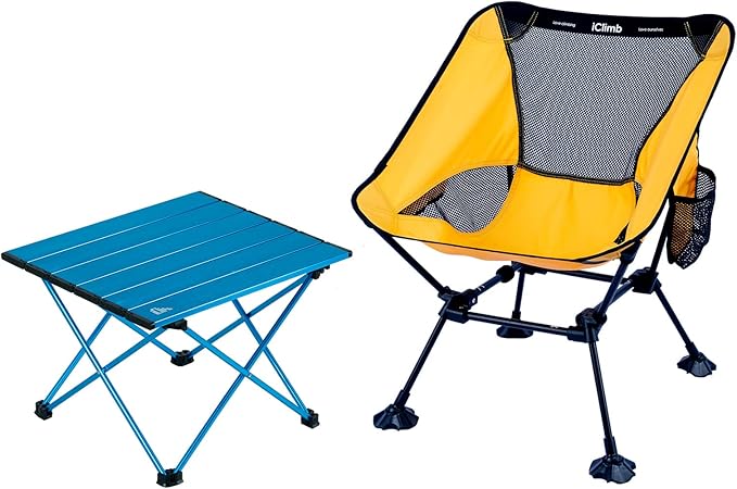 iClimb 1 Anti-Sinking Large Feet Chair and 1 Folding Table Bundle, Ultralight Compact for Solo Adult Outdoor Backpacking C...
