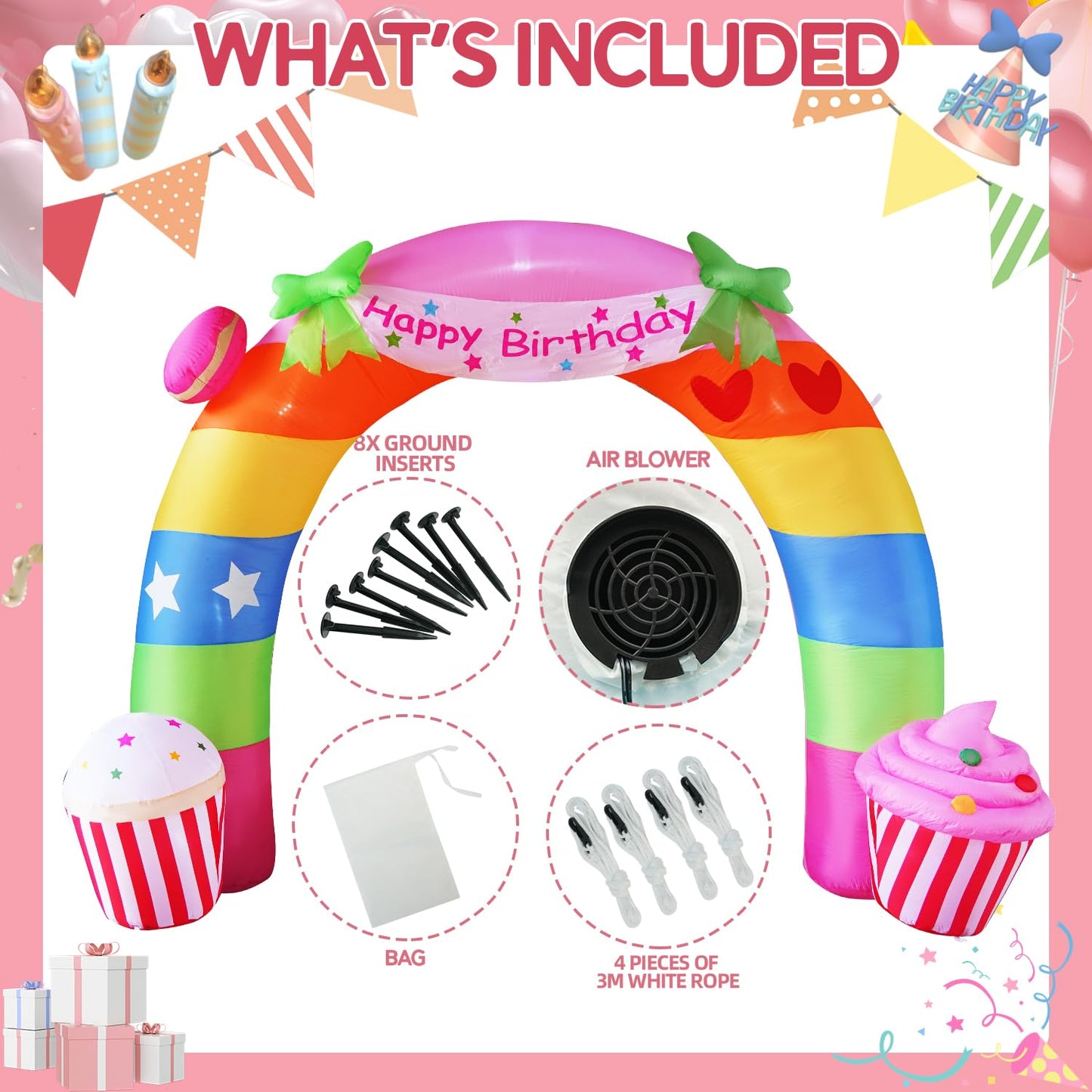 HZGDEJTG 11FT Birthday Arch Birthday Party Outdoor Inflatable Decoration, Outdoor Inflatable Decoration with LED Lights, Birthday Inflatable Decoration for Garden, Patio, Lawn