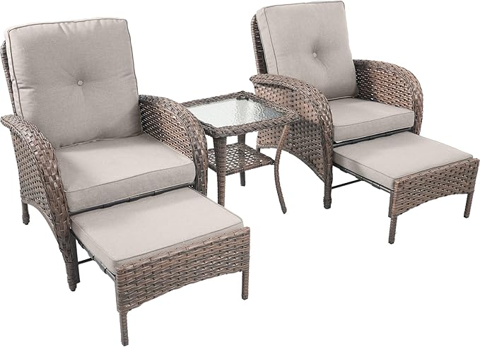 Rilyson Wicker Patio Furniture Set - 5 Piece Balcony Furniture Set with Hidden Ottomans, Rattan Outdoor Patio Chairs with Side Table for Porch Deck Poolside Garden Brown/Beige