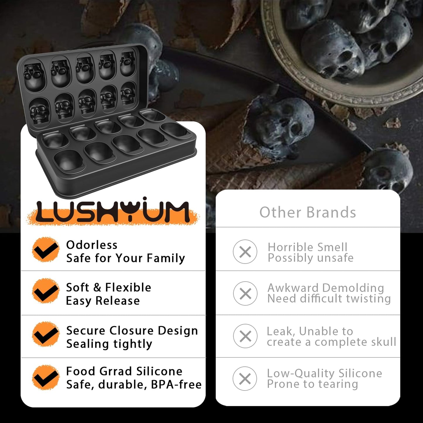 LUSHYUM Skull Ice Cube Mold Tray, 1 Pack BPA-Free Skeleton Head Maker Mold, Flexible & Easy Release 3D Skull Molds for Baking Whiskey Cocktail Chocolate Resin, Ideal Gift for Halloween Party