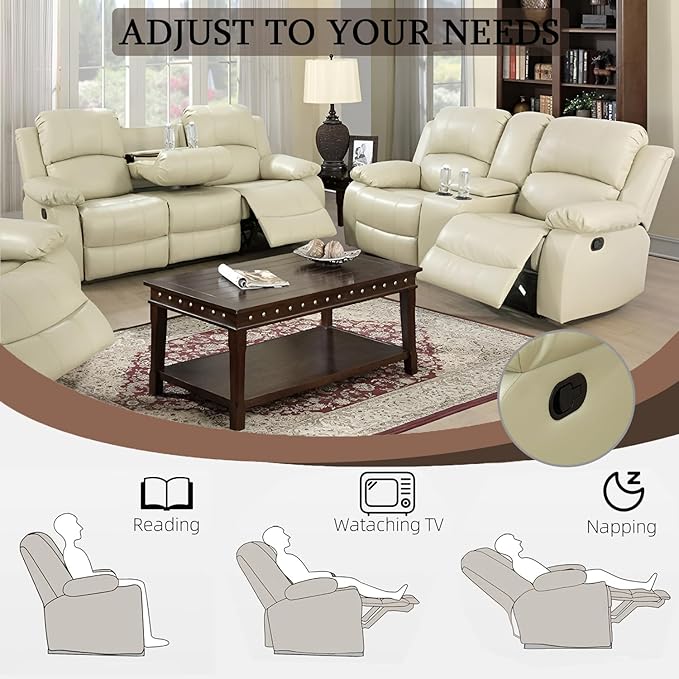 Caberryne 2 Pieces Leather Recliner Sofa Set，Recliner Sofa and Loveseat Sets for Living Room Furniture，Beige Reclining Couch with 4 Recliners for Living Room/Office/Theater Seating(Sofa Set 2 Pieces)