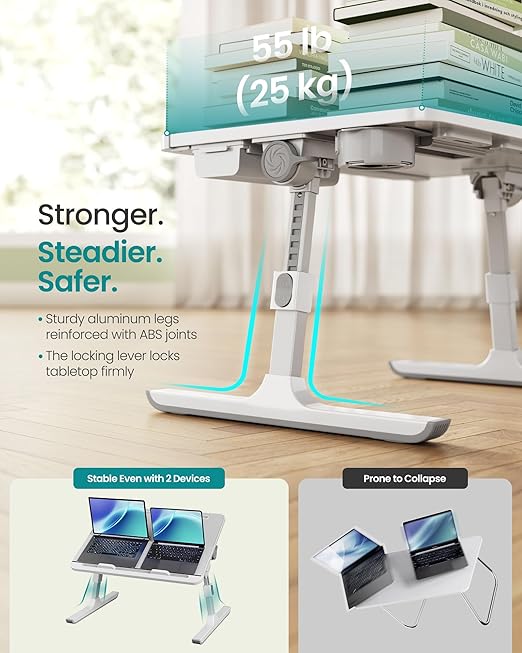 SONGMICS Bed Laptop Desk, Foldable Bed Desk for Laptop, 15.7 x 22 Inches Large Desktop, 120° Stepless Tilt, Adjustable Height, Cup Holder, Tray, Portable Bed Sofa Table, Gray ULLD113GZ01