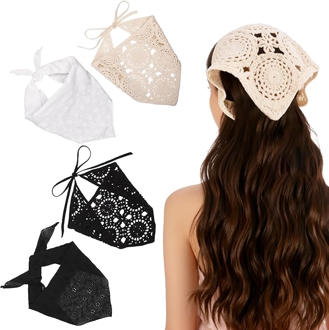 JATEBI 4PCS Women's Floral Lace Mesh Triangle Head Scarves Adjustable Boho Bandanas