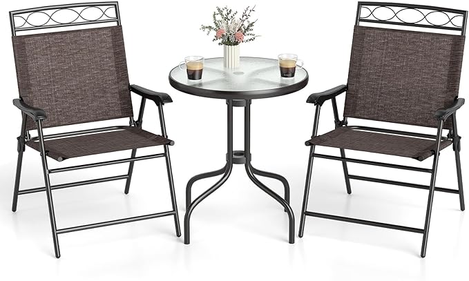 Goplus Bistro Table and Chairs Set of 2, Outdoor 3 Piece Patio Bistro Set with 1.57” Umbrella Hole, Tempered Glass Tableto...