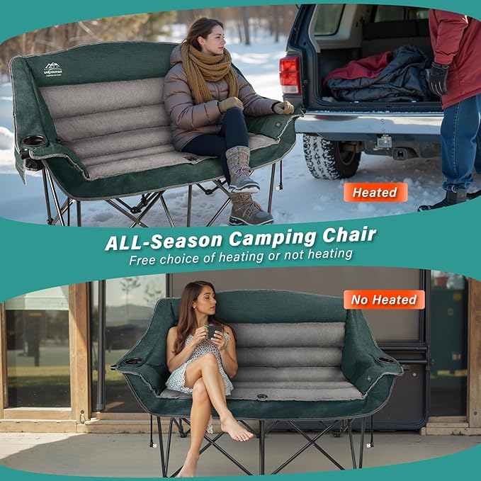 LANMOUNTAIN Heated Double Camping Chairs,3 Heat Levels Padded Portable Loveseat w/Wine Glass Holder,Cup Holder,Heating Outdoor Camp Couch Support 600 Lbs,Dark Green,Battery NOT Included