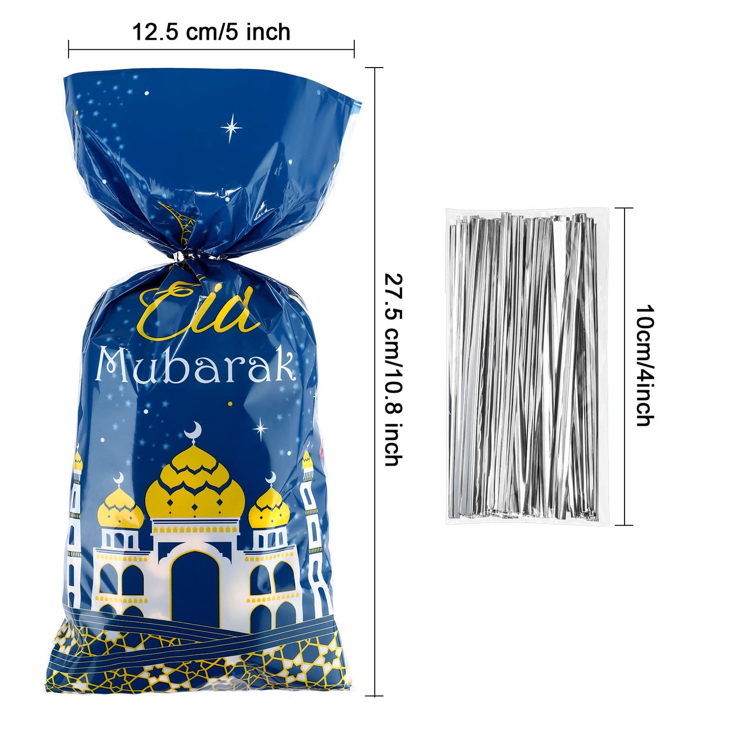 Blulu 100 Pcs Eid Mubarak Gift Bags Ramadan Decorations Clear Goodie Candy Plastic Cellophane Treat Bags with Silver Twist Ties for Eid Mubarak Party(Blue Gold)