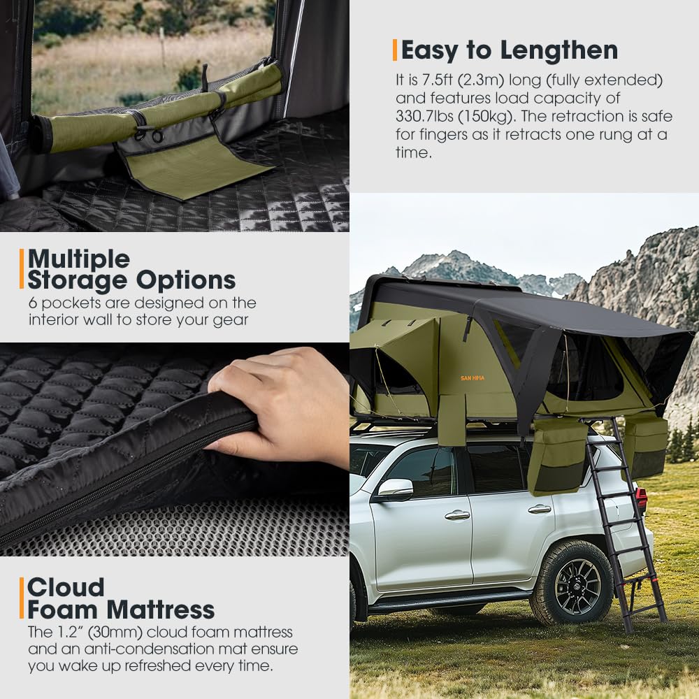 Sanhima Rooftop Tent Hard Shell - Jervis Overland Aluminium ABS Roof Top Tent w/Stargaze Window & LED Strip Light for Car SUV Truck Camping, 2-3 People (Army Green)