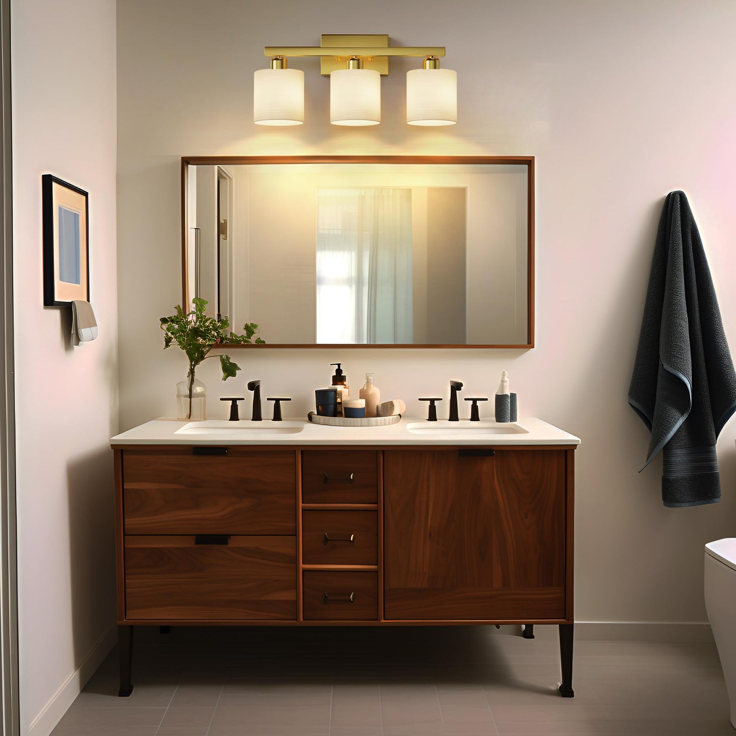 PARTPHONER Bathroom Light Fixtures, Bathroom Lighting Fixtures Over Mirror, Interior Classic Vanity Lights, Modern Vanity Light with Textured White Glass Shade, Brushed Gold, 3-Light