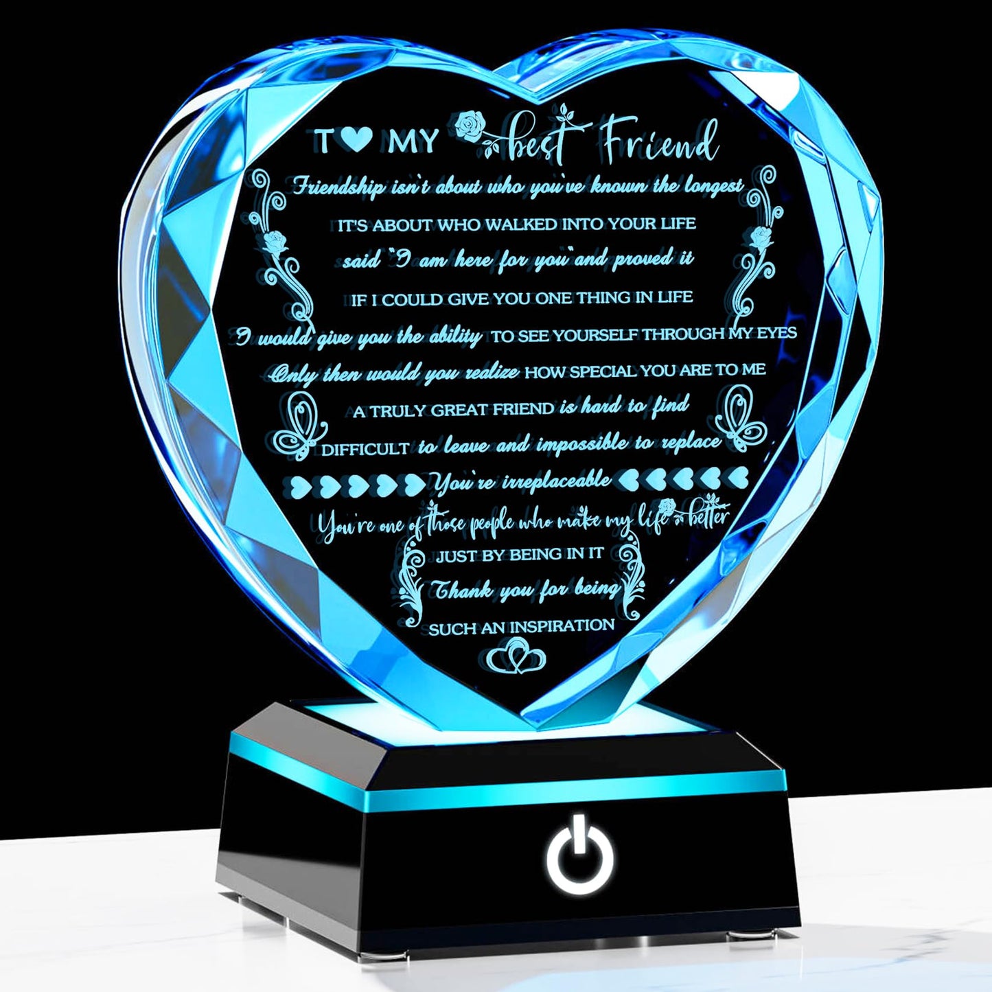 YWHL Birthday Gifts for Best Friend with Colorful LED Base Heart Crystal Friendship Gifts for Women Meaningful Bestie Gifts Mothers Day BFF Gift Idea for Her Female Friend