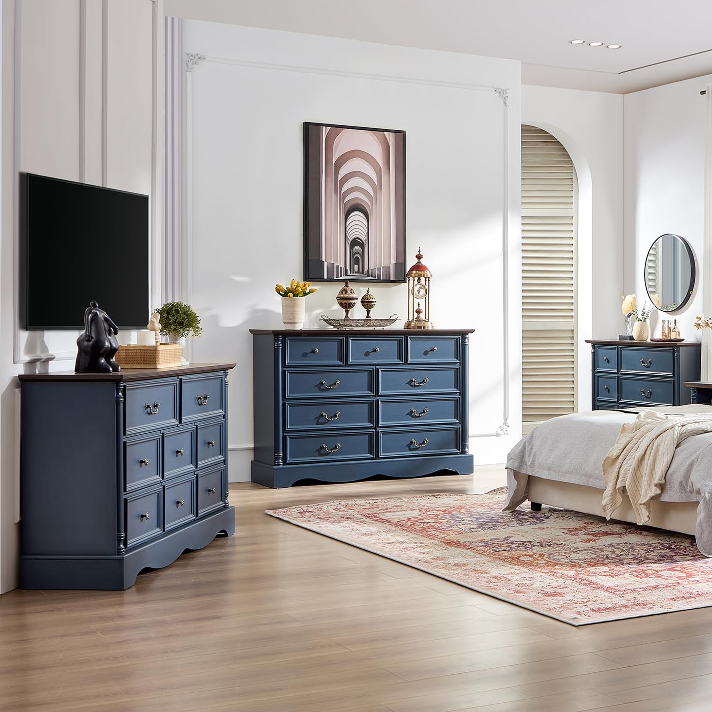 6 Drawers Dresser, Farmhouse Chest of Drawers with Charging Station, Refined Blue Finish Design, Modern Storage Dressers Organizer TV Stand for Bedroom, Living Room, Hallway, Indigo Blue