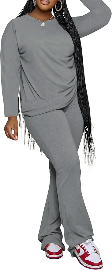 PINSV Womens 2 Piece Outfits Casual Sets Long Sleeve Top and Flare Pants Lounge Sets Tracksuit