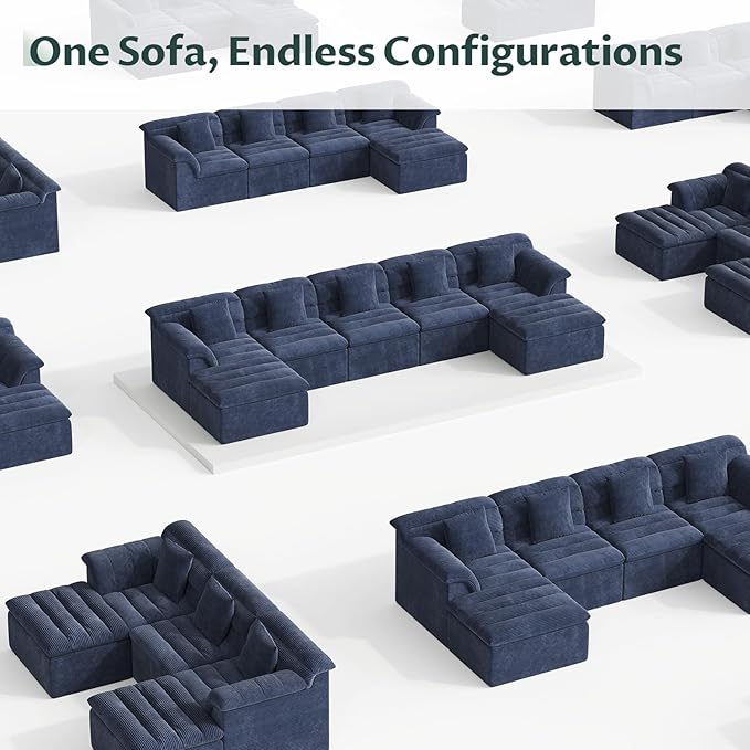 SUNG7 111.8" Modular Sofa with Ottoman, Boneless Cloud Couch with Deep Seat, Comfy U-Shape Corduroy Couches for Living Room, No Assembly Required, Blue