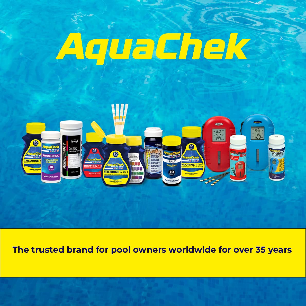 AquaChek Yellow 4-Way Pool and Spa Test Strips - 50 Yellow Test Strips - Swimming Pool Test Strips For pH, Free Chlorine, Total Alkalinity, and Cyanuric Acid - Quick and Accurate Results - Testing Kit