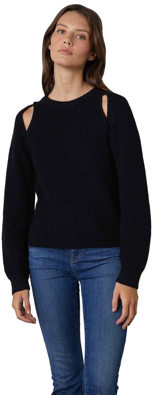 VELVET BY GRAHAM & SPENCER Women's Diane Engineered Stitches Cut-Out Crewneck Sweater, Coal, M