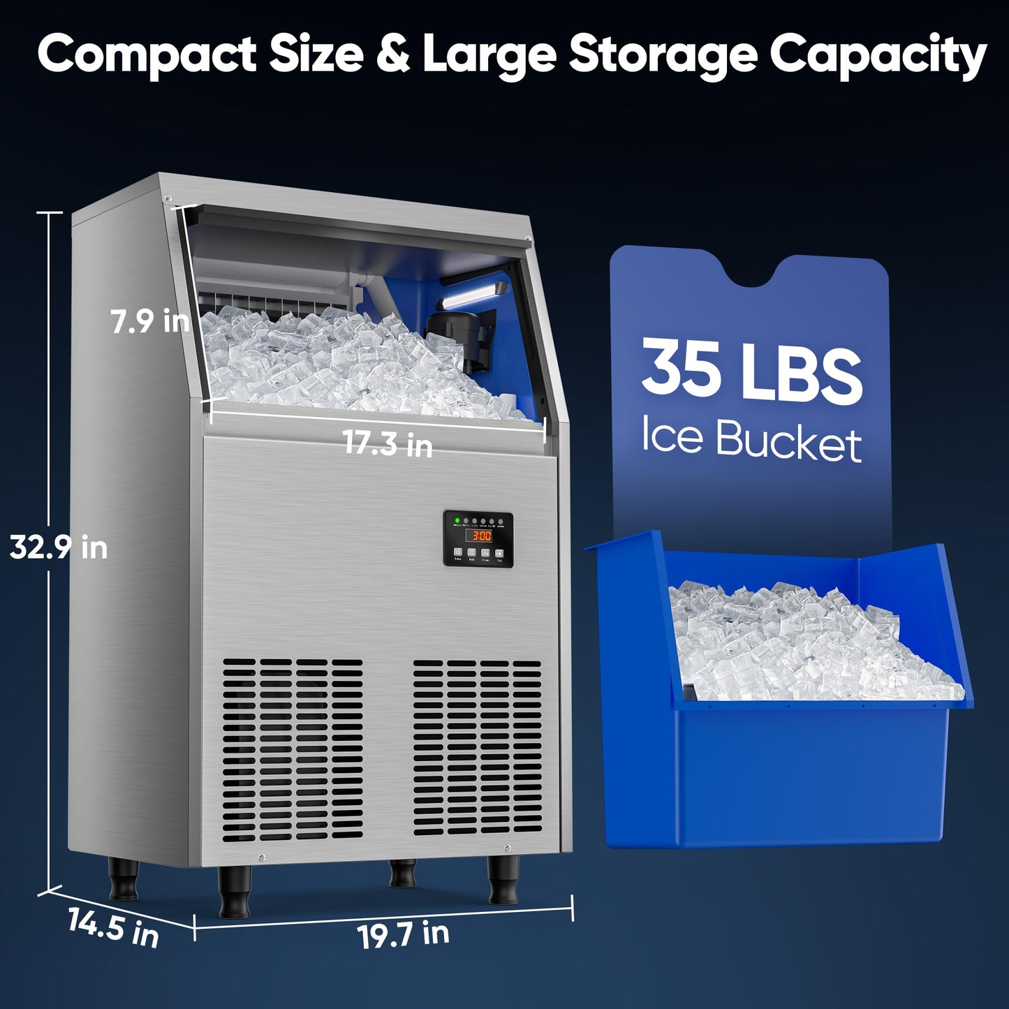 Coolski Commercial Ice Maker Machine 150LBS/24H, Under Counter Ice Maker with 35LBS Storage Capacity, Stainless Steel Ice Machine for Restaurant Home Bar, DOE